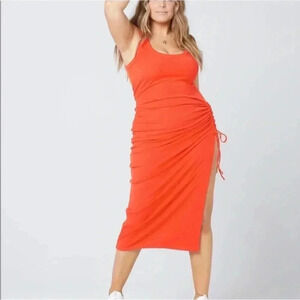L*Space Revolve Sandpiper Ribbed Ruched Cinch Side Midi Dress Bright Orange: XL